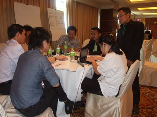 Participants and interpreters gather around a table and work during the training. 