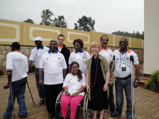 A group photo of training participants and organizers. In front are Jace (left), Bongi Malope,  Marcia Rioux (centre) and Robert Mkozho (right). Behind are Moosa Salie (right),   Roseweter, Chris Lytle (centre) and Daniel Iga Mwesigwa (right)