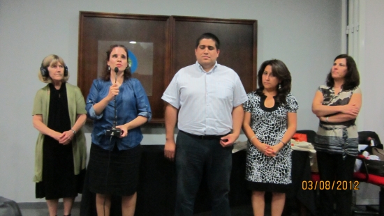 <p>
	Marcia Rioux, Ver&oacute;nica Gonz&aacute;lez, Jose Viera, Ana Lucia Arellano and Paula Pinto stand facing the camera during closing ceremony. Ver&oacute;nica is speaking to the larger group.</p>
