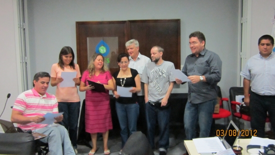 <p>
	Ronaldo Bacry, Marcela Omedo, Carolina Buceta, Andrea Cortes, Domingos Montagna, German Sciurano and Alexandre Mapurunga performing the human rights song at the closing ceremony.</p>
