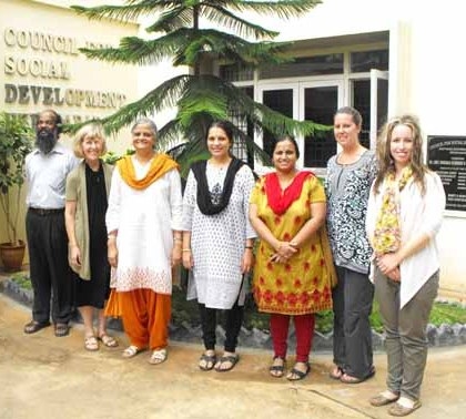 <p>AWARE partners pose outside for a photo. From left to right: Pavan Muntha, Marcia Rioux, Kalpana (council director), Sandhya M, &nbsp;Soumya Vinayan, Paula Hearn, Alexis Buettgen&nbsp;</p>
