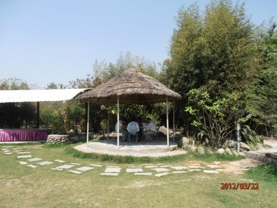 <p>
	Four participants sit underneath a woven grass roof outside in the hotel garden.</p>
