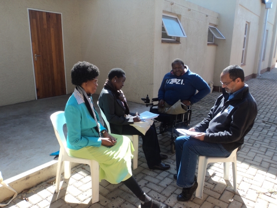 <p>
	Moosa Salie being interviewed by Ethel Dibakoane, Joice Mokgope and Sipho Innocent Nkosi in front of training venue</p>
