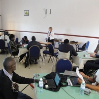 Marcia Rioux speaks into a microphone while participants sit at small round tables.