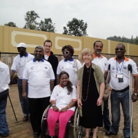 A group photo of training participants and organizers. In front are Jace (left), Bongi Malope,  Marcia Rioux (centre) and Robert Mkozho (right). Behind are Moosa Salie (right),   Roseweter, Chris Lytle (centre) and Daniel Iga Mwesigwa (right)