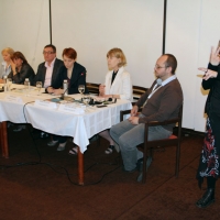 Organizational representatives are seated at a long table. A sign language interpreter is signing to the right of the table.