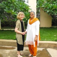 <p>Marcia Rioux poses outside on a sunny day with Kalpana Kannabiran, the Director of Council for Social Development.</p>
