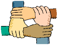 A drawing of four interlocking hands form a square