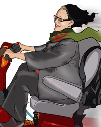 An illustration of Sandi Bell riding a red scooter with the wind blowing through her hair.