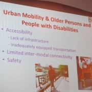 A slide from Urban Mobility and Older Persons and People with Disabilities presentation. The slide looks at accessibility, limited inter-modal connectivity and safety