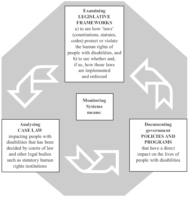 A diagram depicting an interconnected and cyclical relationship among D.R.P.I's three monitoring systems: examining legislative frameworks, analyzing case law and documenting government policies and programs